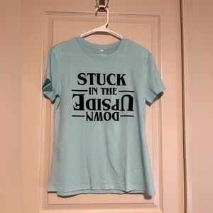 NWT Stuck in Upside Down Light Blue Graphic T-Shirt Women’s Size Small and Large